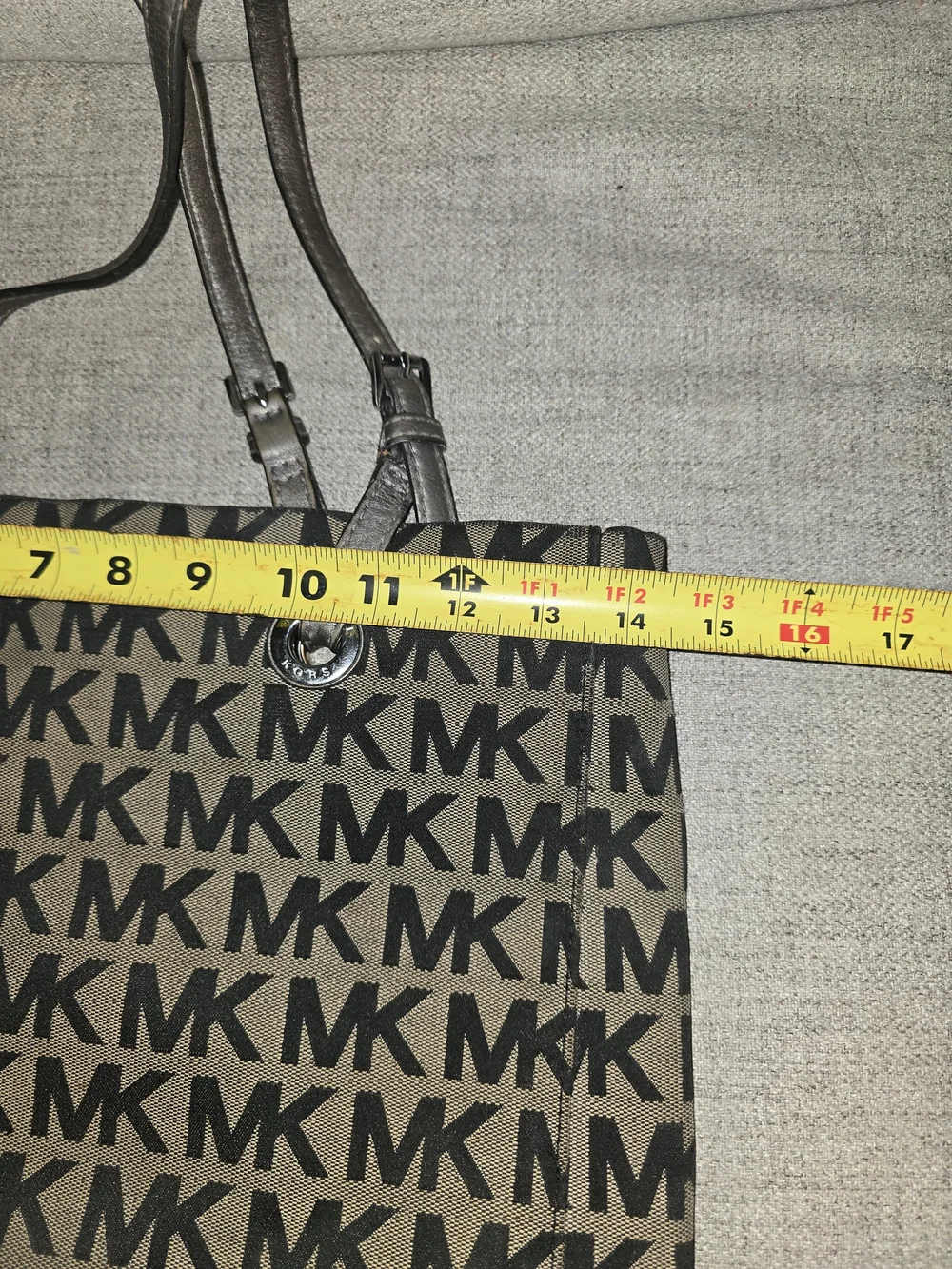 Michael Kors Tan Canvas MK Logo Tote with Black Print Used Large Travel